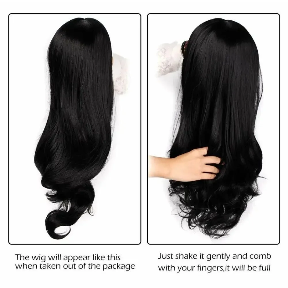 Women's Black Long Wavy Wig Long Curly Straight Synthetic Hair Fashion Looking